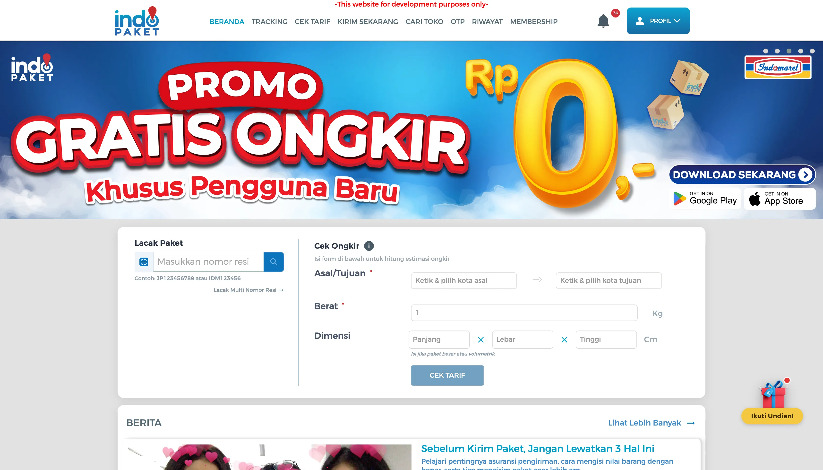 Old Beranda upper section: promo slider with no pagination dots, plain Lacak Paket and Cek Ongkir widgets
