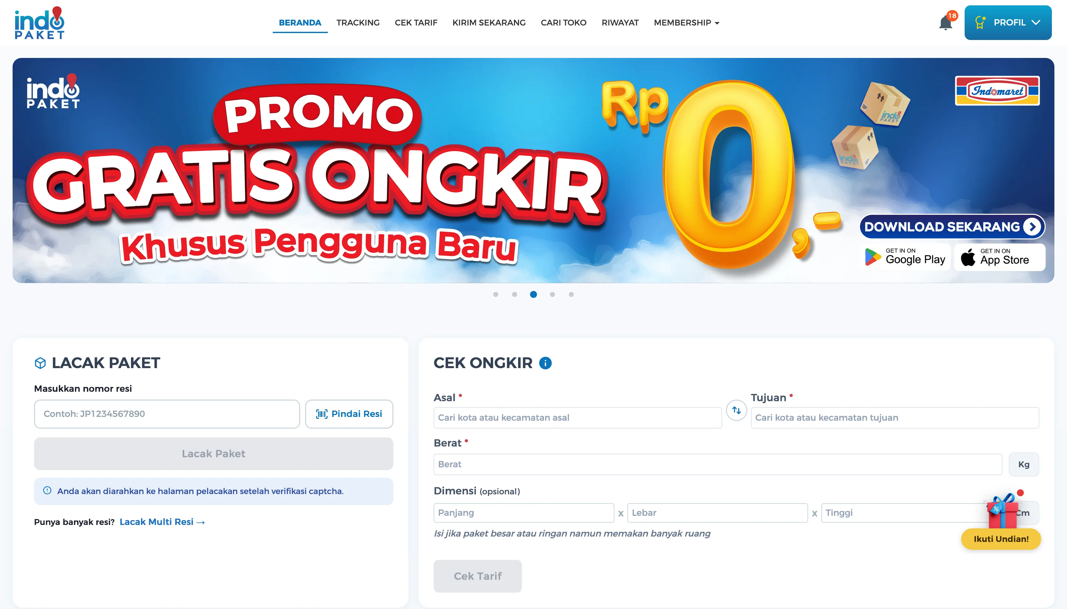 New Beranda upper section: slider with visible pagination dots, restyled Lacak Paket and Cek Ongkir widgets with icons and clearer labels