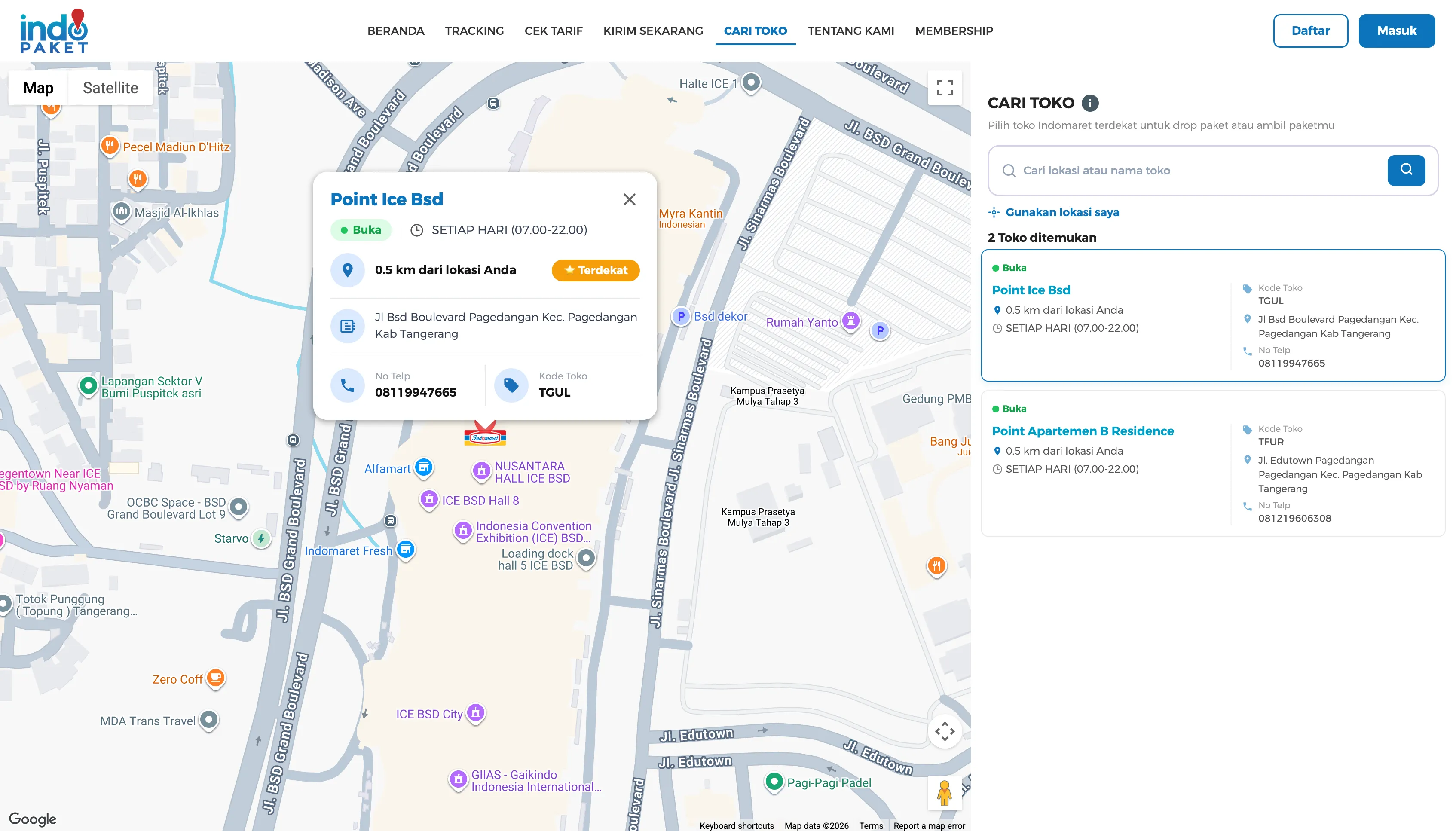 New Cari Toko: selected store highlighted in a persistent results list alongside the map, with a “Terdekat” (nearest) badge