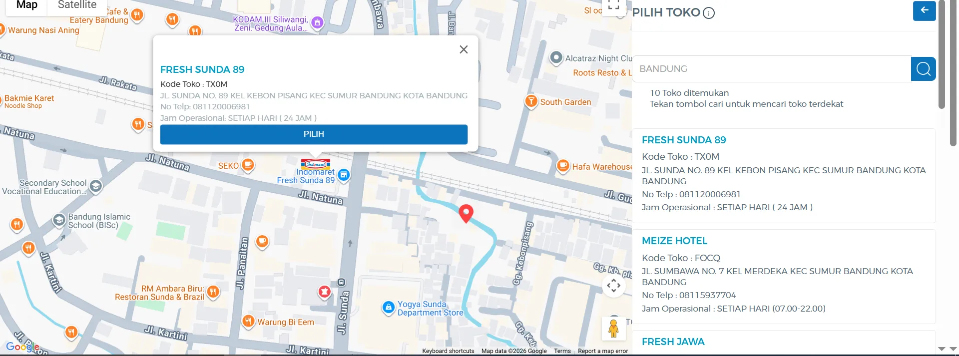 Old Cari Toko: selecting a pin opens a popup that covers the map, with no results list visible