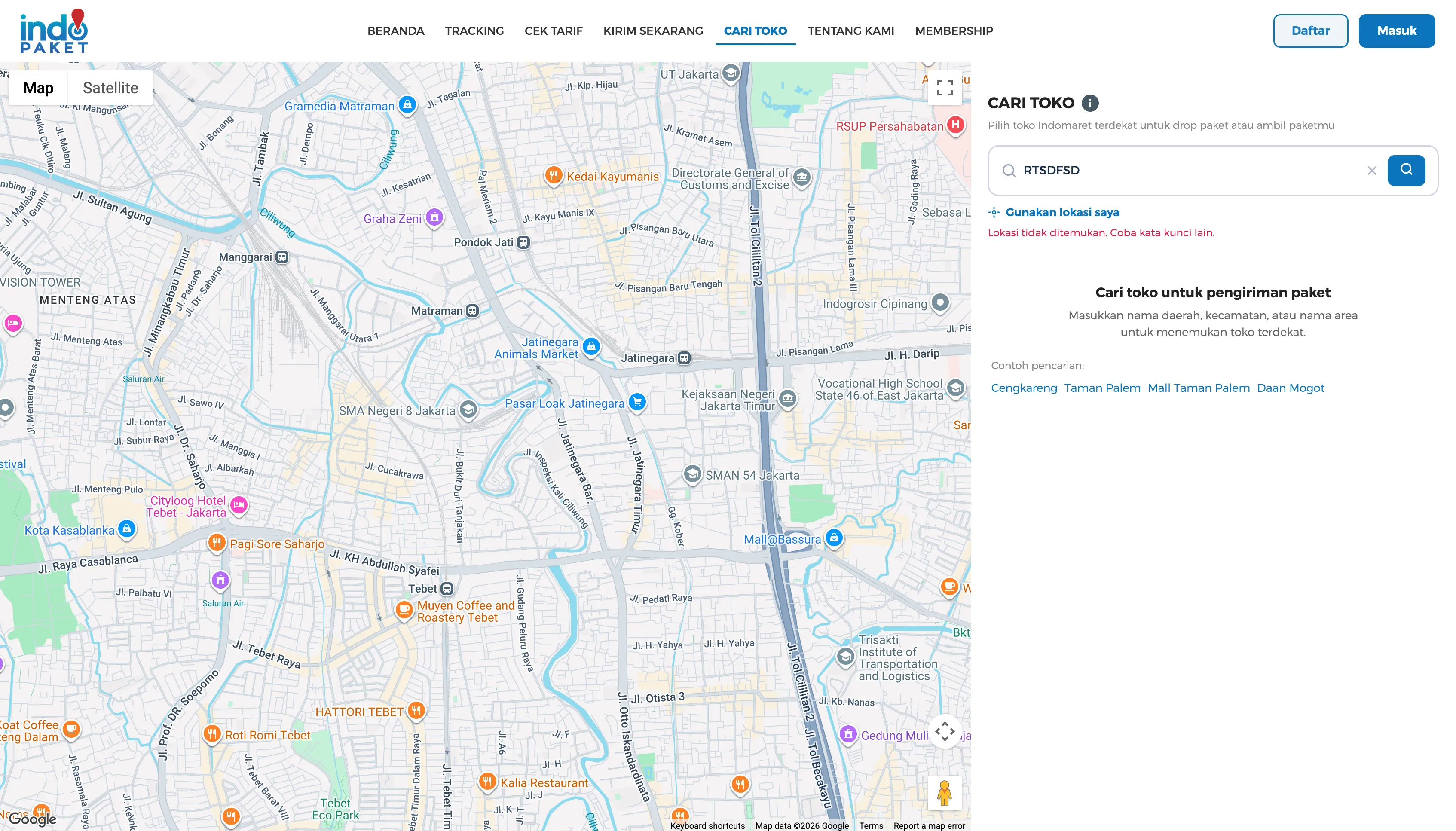New Cari Toko no-results state: “Lokasi tidak ditemukan. Coba kata kunci lain.” with example searches to try