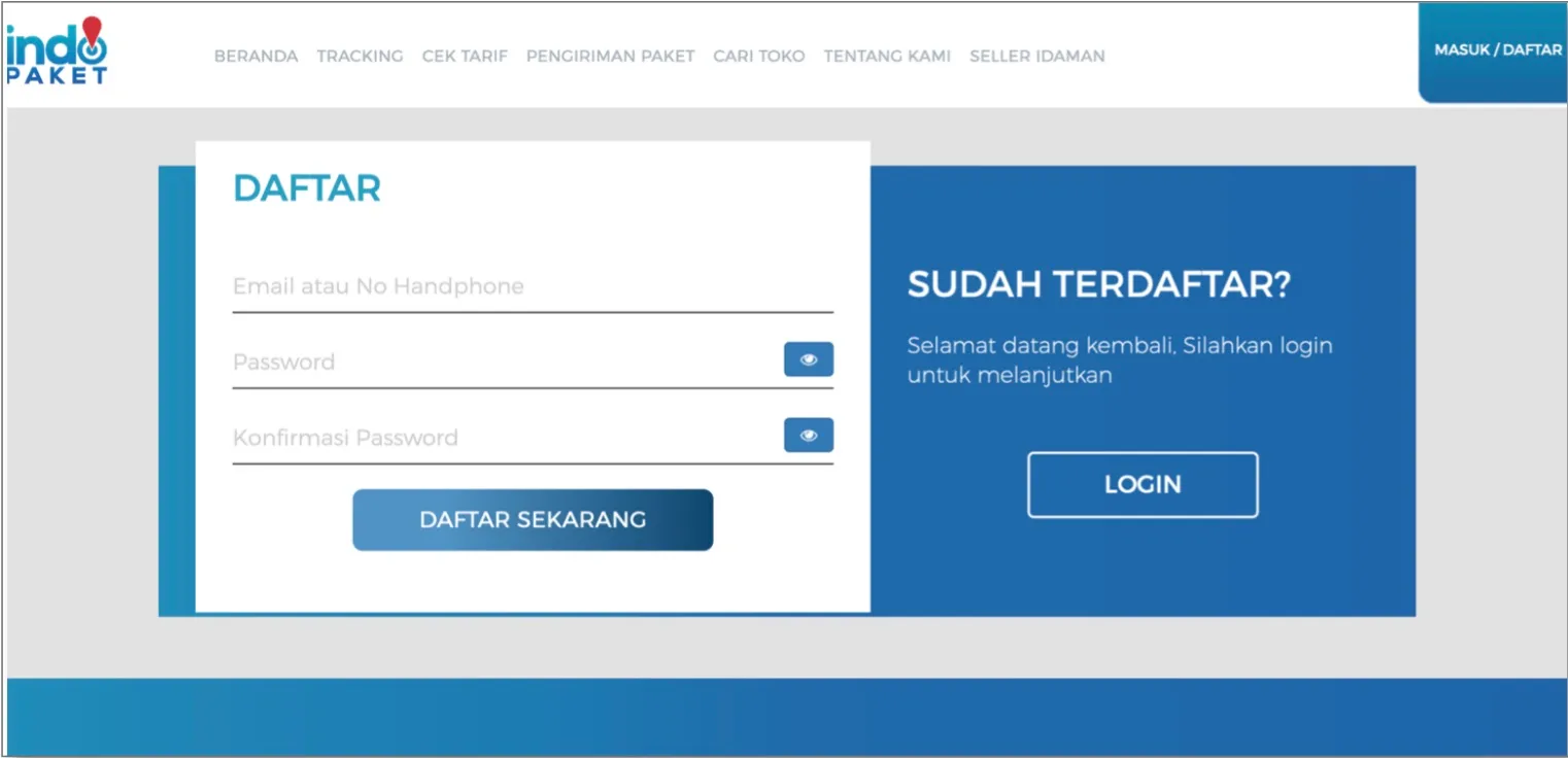 Old Daftar page with the registration form and “Sudah Terdaftar? Login” panel competing on the same screen