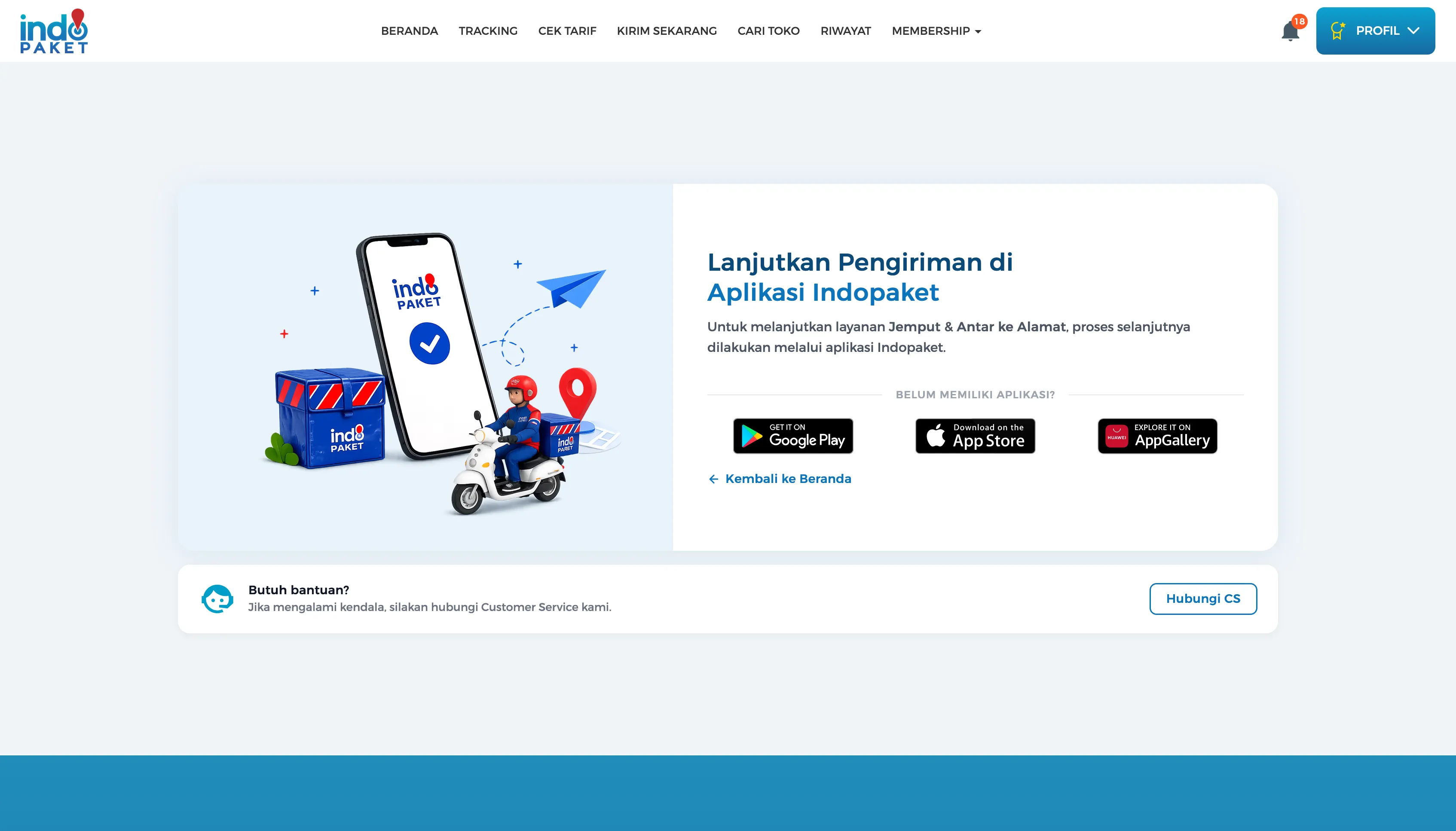 New Kirim Sekarang handoff screen: illustrated handoff with app store badges and a “Butuh bantuan?” help card