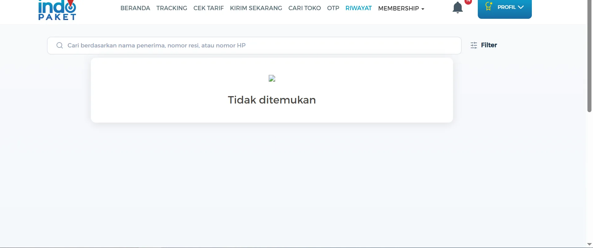 Old Riwayat page: bare “Tidak ditemukan” state with a broken image and no guidance