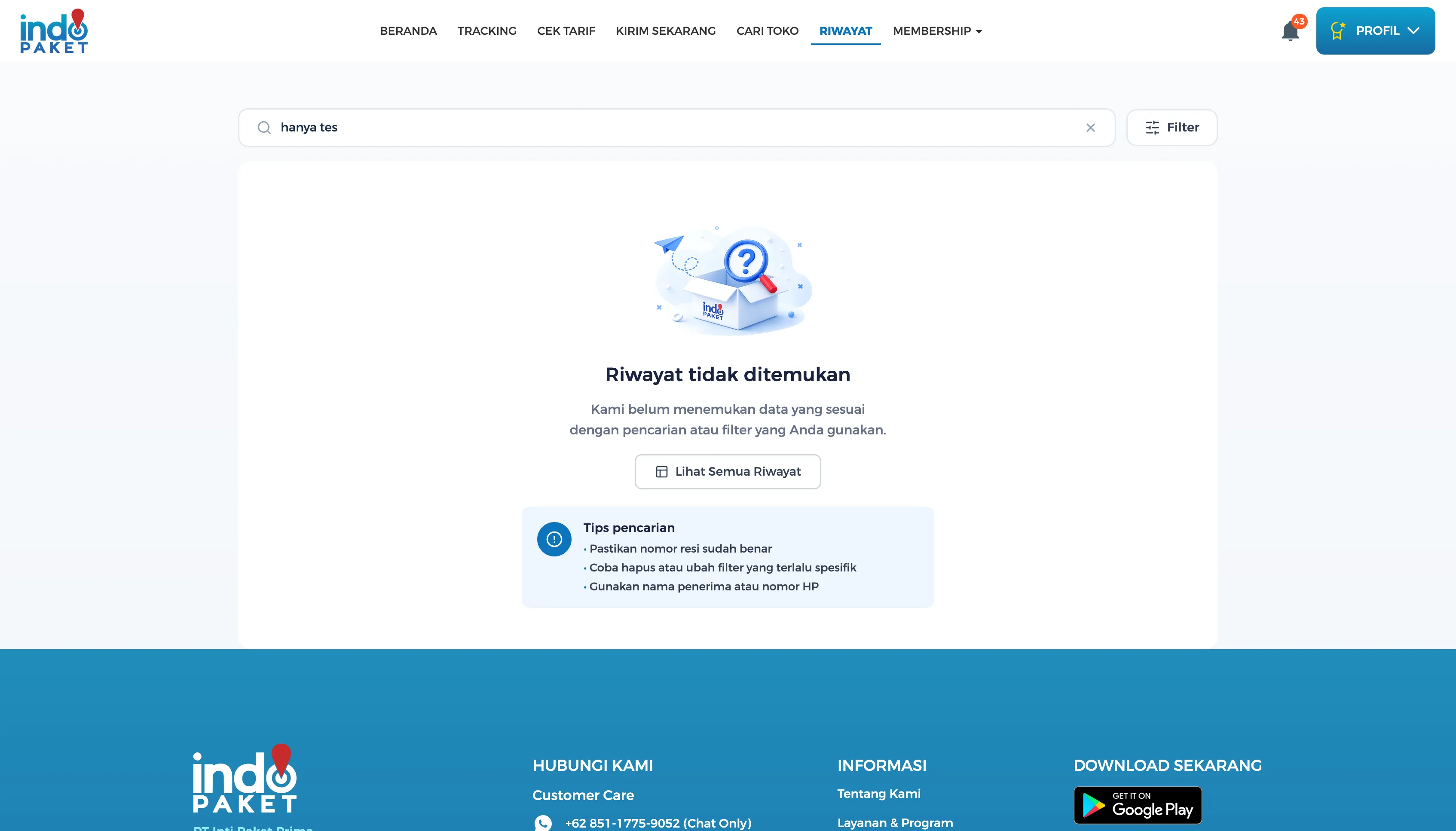 New Riwayat page: “Riwayat tidak ditemukan” with an illustration, search tips, and a “Lihat Semua Riwayat” action
