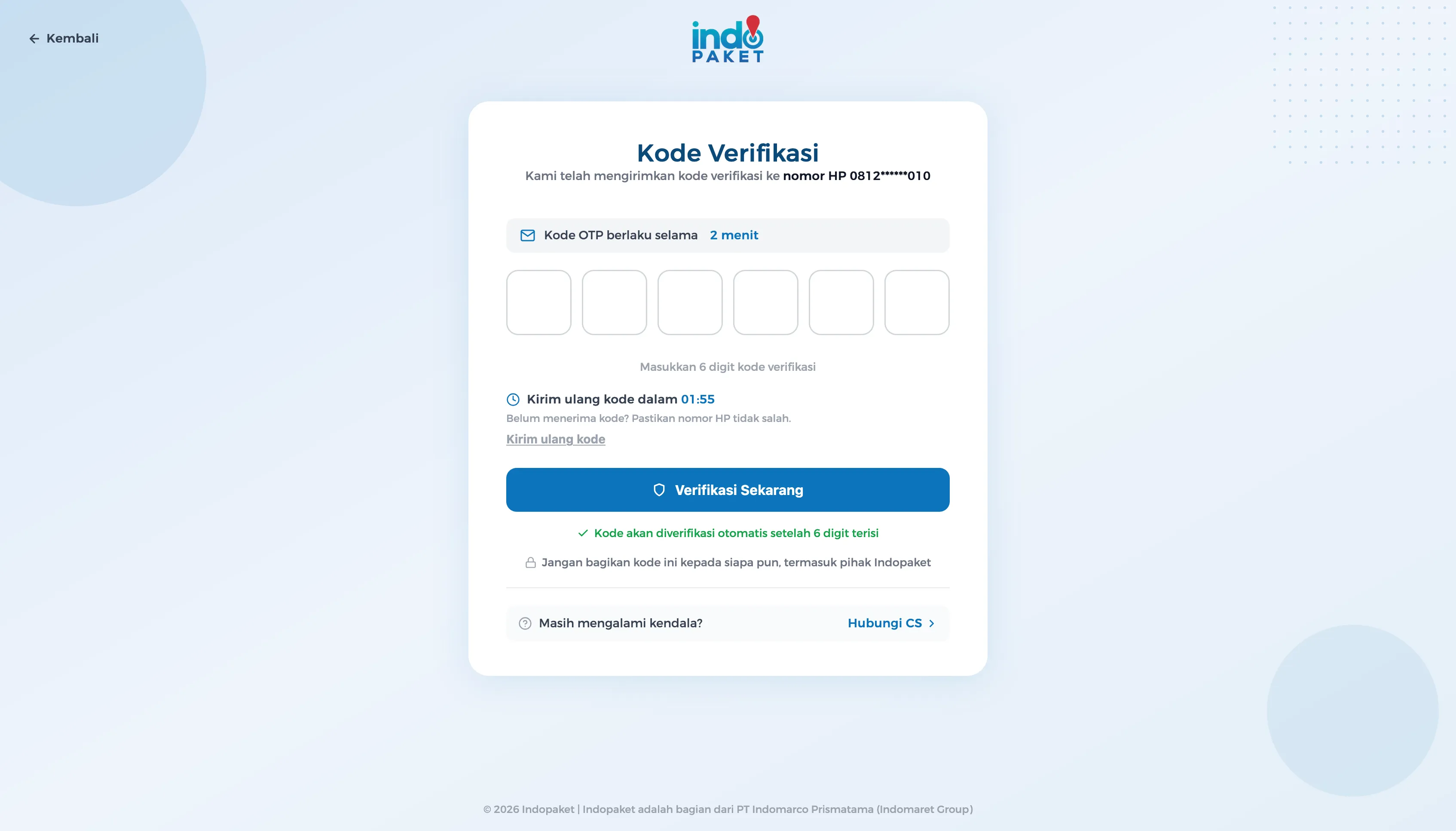New Kode Verifikasi screen: masked destination number, code validity duration, resend guidance, and a security reminder